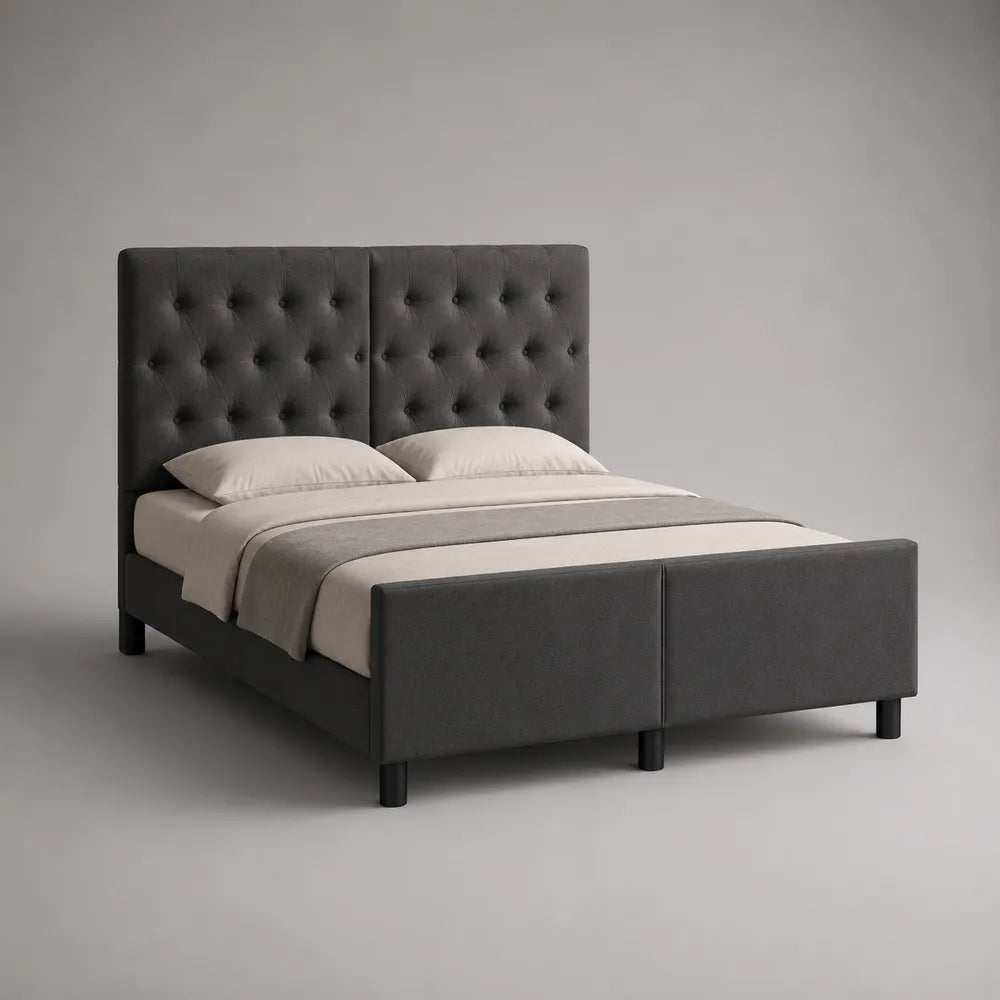 Lit double en tissu gris rembourré avec tête de lit capitonnée 160 x 200 cm