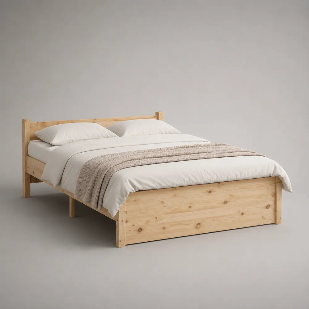 Lit double en pin massif naturel avec tête de lit 160 x 200 cm