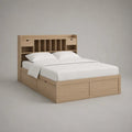 Lit double 160 x 200 cm en MDF effet chêne clair avec tête de lit à étagères et rangement intégré