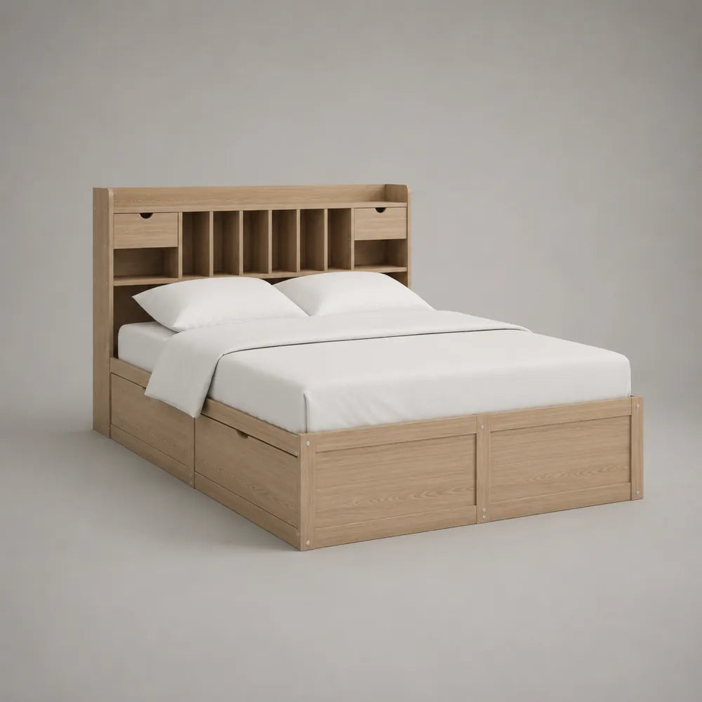 Lit double 160 x 200 cm en MDF effet chêne clair avec tête de lit à étagères et rangement intégré