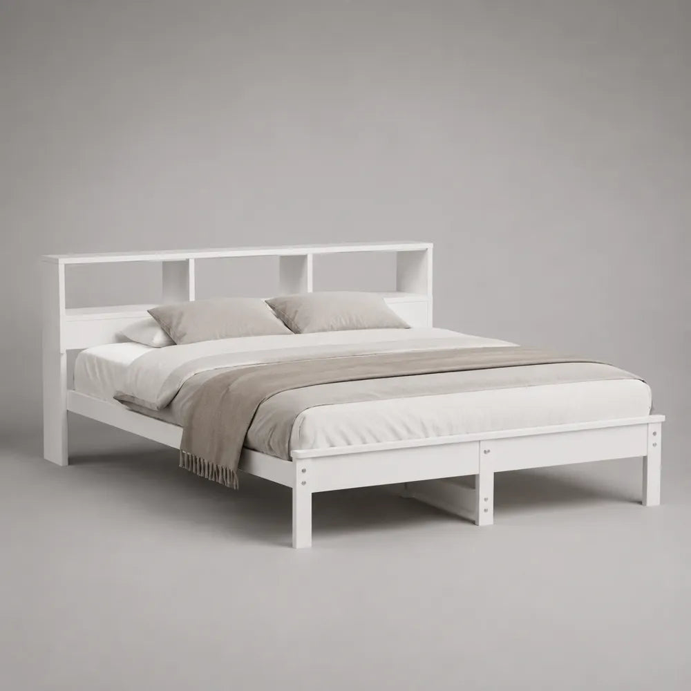 Lit double en bois blanc avec tête de lit étagère 160 x 200 cm
