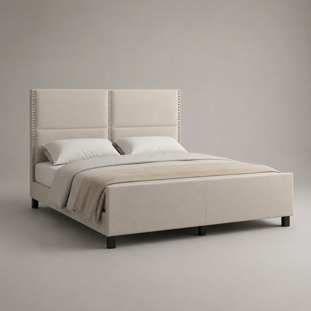 Lit double rembourré en tissu polyester beige avec tête de lit capitonnée 160 x 200 cm