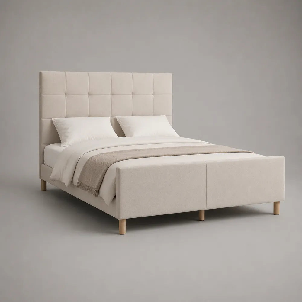 Lit double rembourré en tissu polyester beige avec tête de lit capitonnée 160 x 200 cm