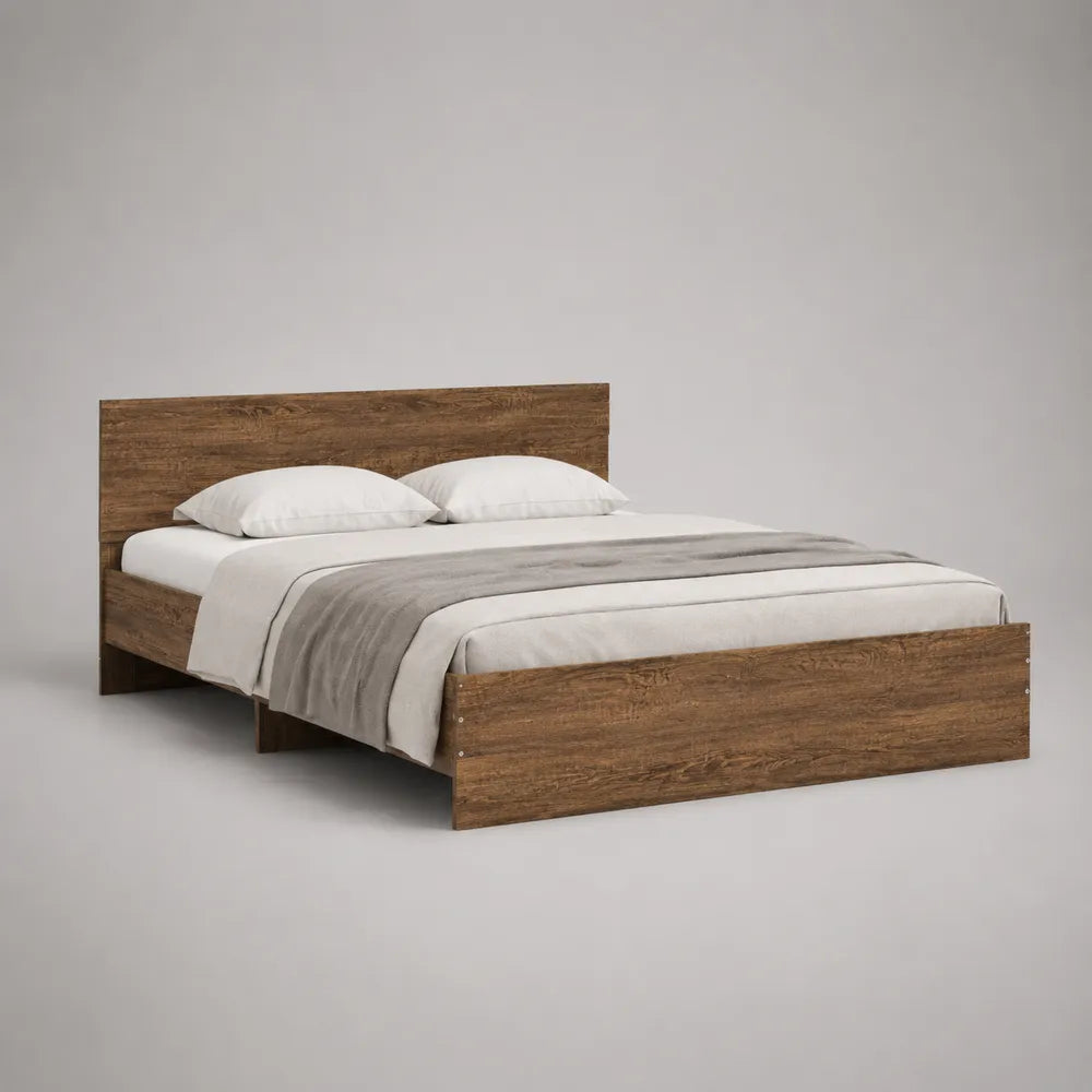 Lit double en panneaux effet chêne marron avec tête de lit rectangulaire 160 x 200 cm
