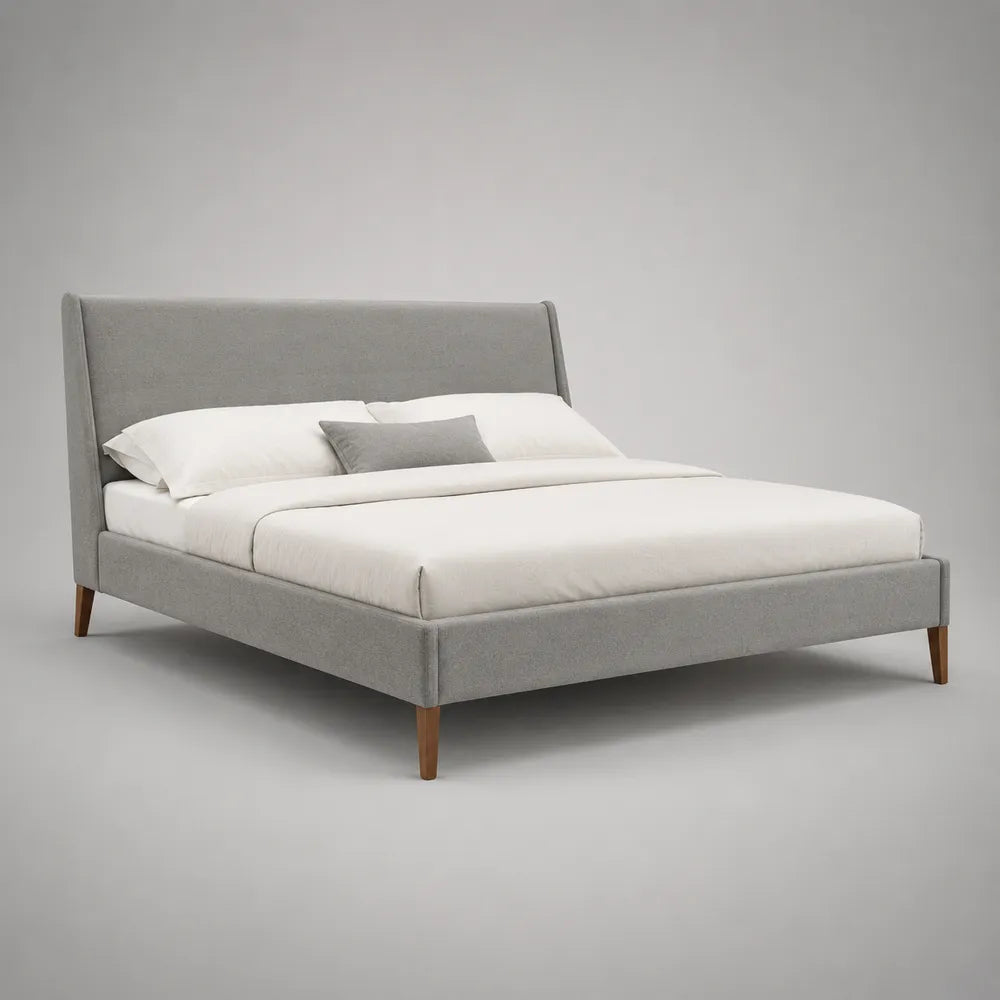 Lit double rembourré en tissu polyester gris avec tête de lit inclinée 160 x 200 cm