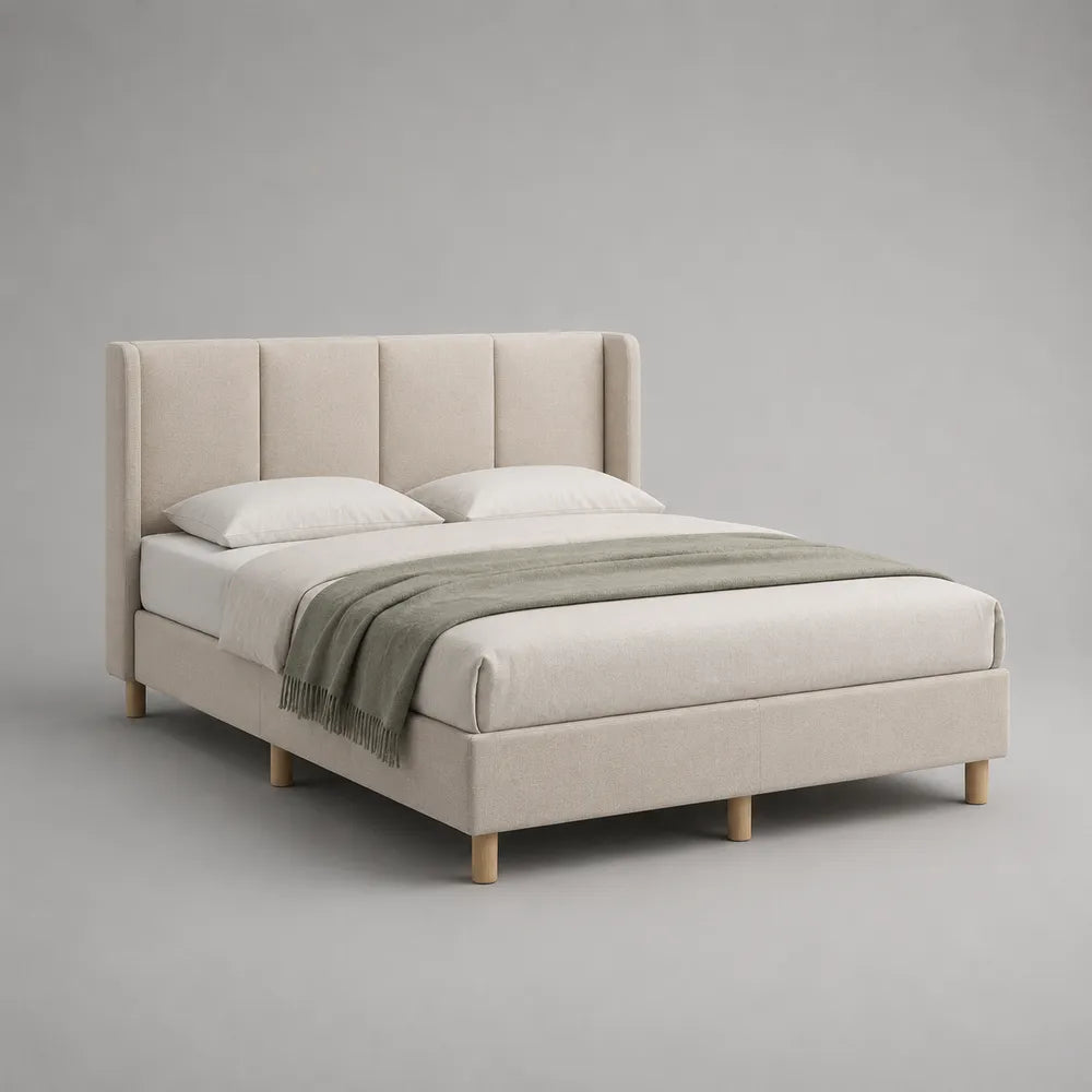 Lit double rembourré en tissu beige avec tête de lit capitonnée et pieds en bois 160 x 200 cm
