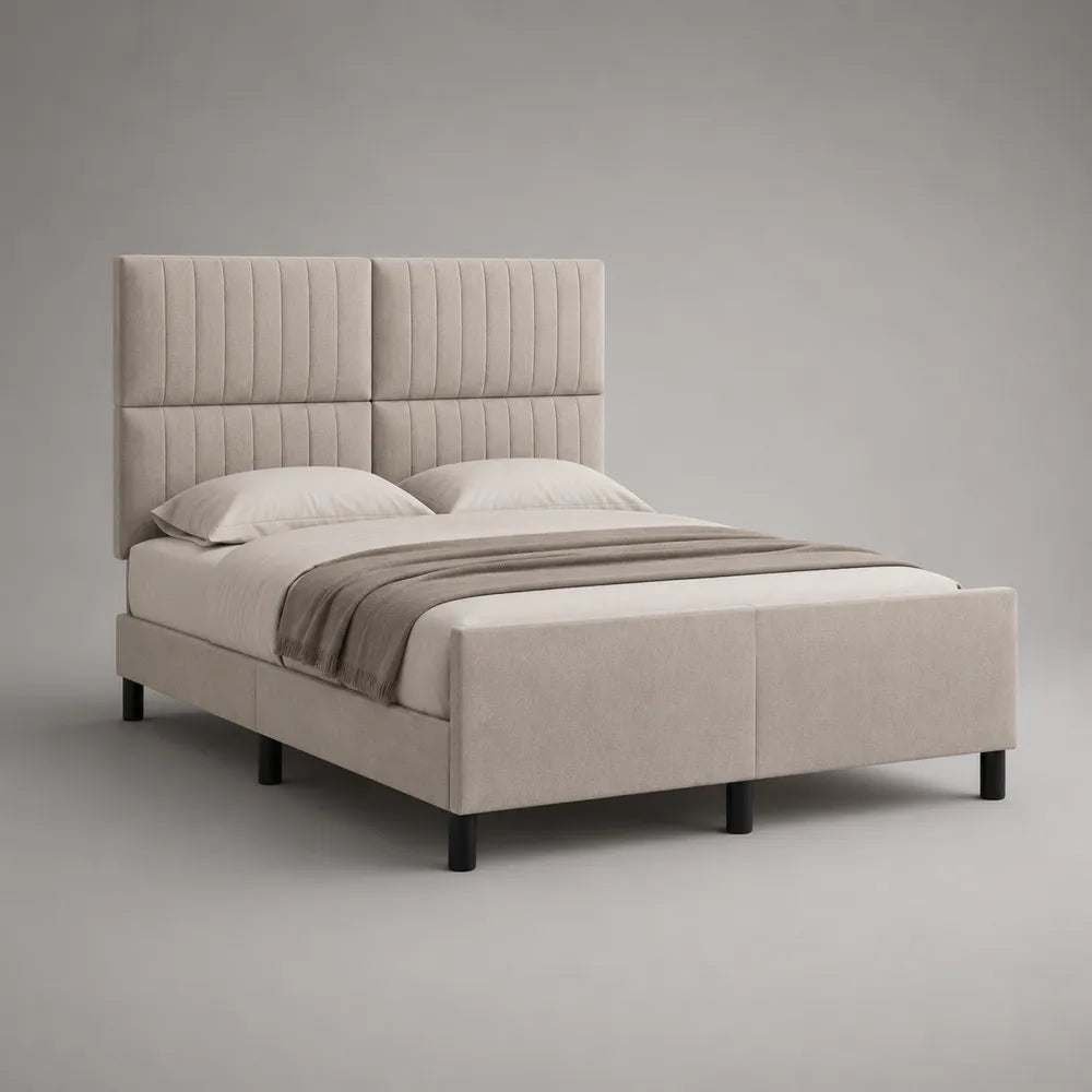 Lit double rembourré en tissu beige avec tête de lit capitonnée 160 x 200 cm