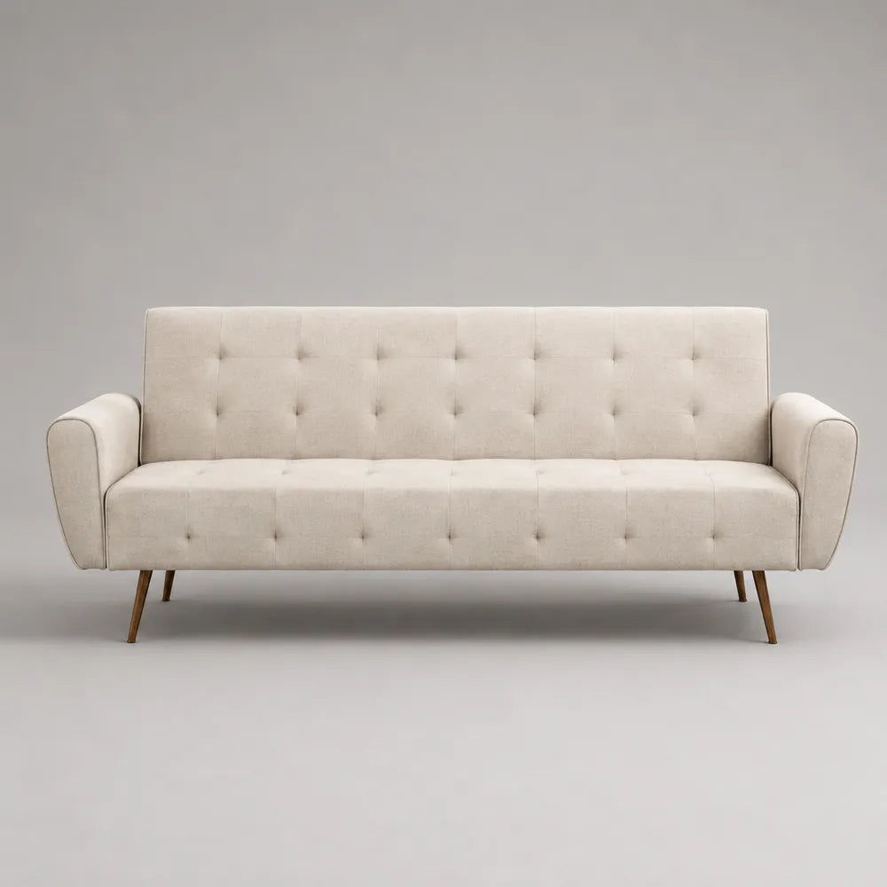 Canapé droit 3 places en tissu polyester beige avec dossier capitonné et pieds en bois 220 x 90 x 85 cm
