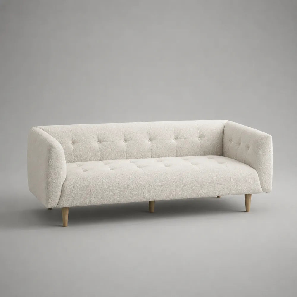 Canapé 3 places 220 x 85 x 85 cm en tissu polyester beige avec pieds en bois forme rectangulaire