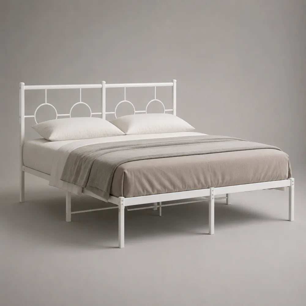 Lit double en acier blanc avec tête de lit métal décorative 160 x 200 cm