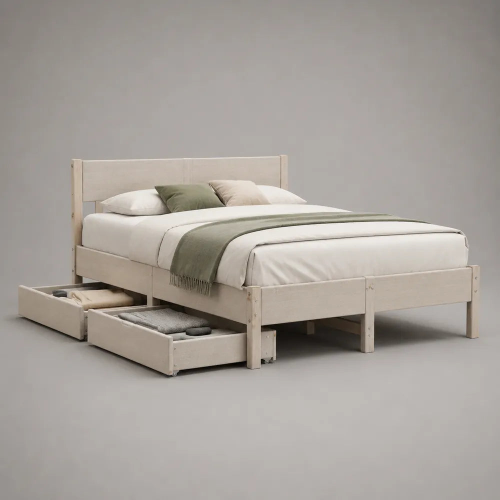 Lit double avec tiroirs de rangement en polyester beige 160 x 200 cm