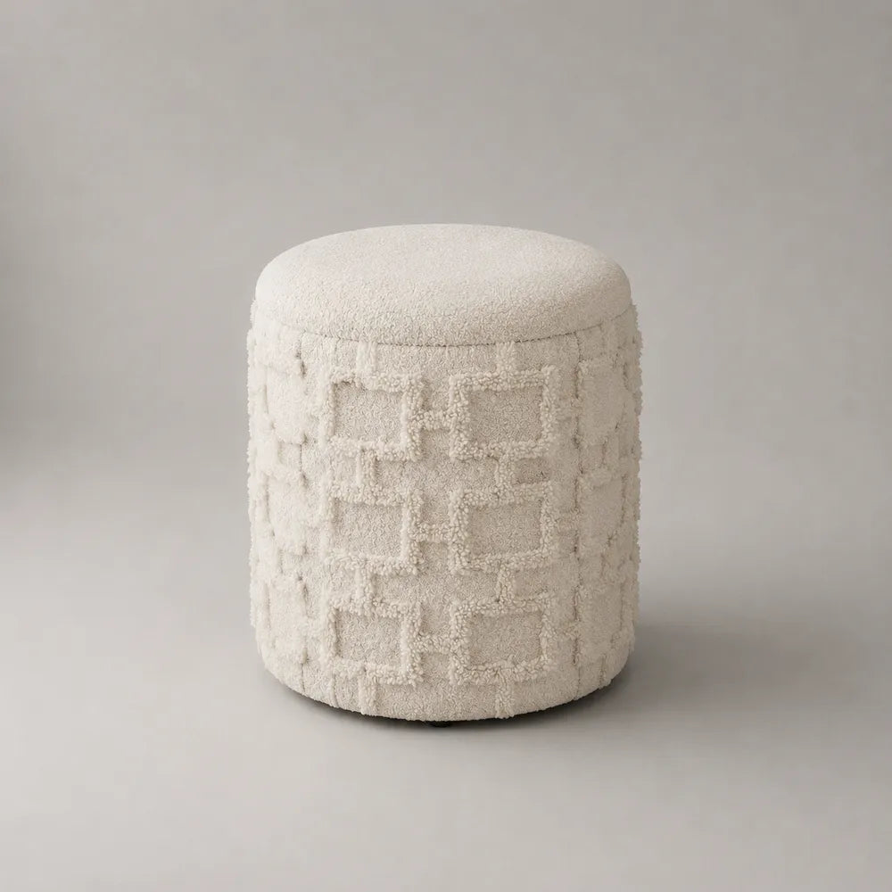 Tabouret rond 40 x 40 x 38 cm en tissu bouclé écru avec assise rembourrée