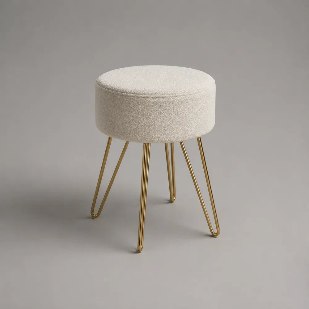 Tabouret rond 40x40x45 cm polyester bouclé blanc avec pieds en acier doré