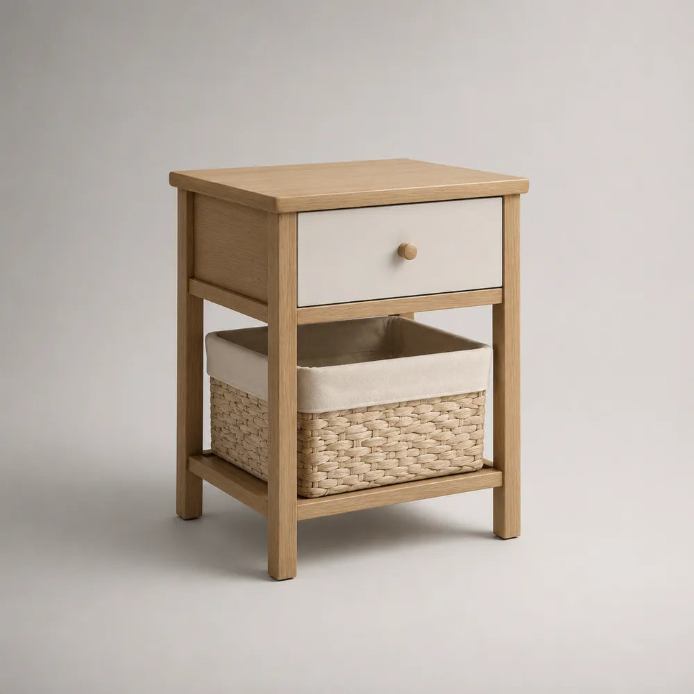 Table de chevet en bois de pin beige naturel avec tiroir et panier de rangement 45 x 35 x 60 cm
