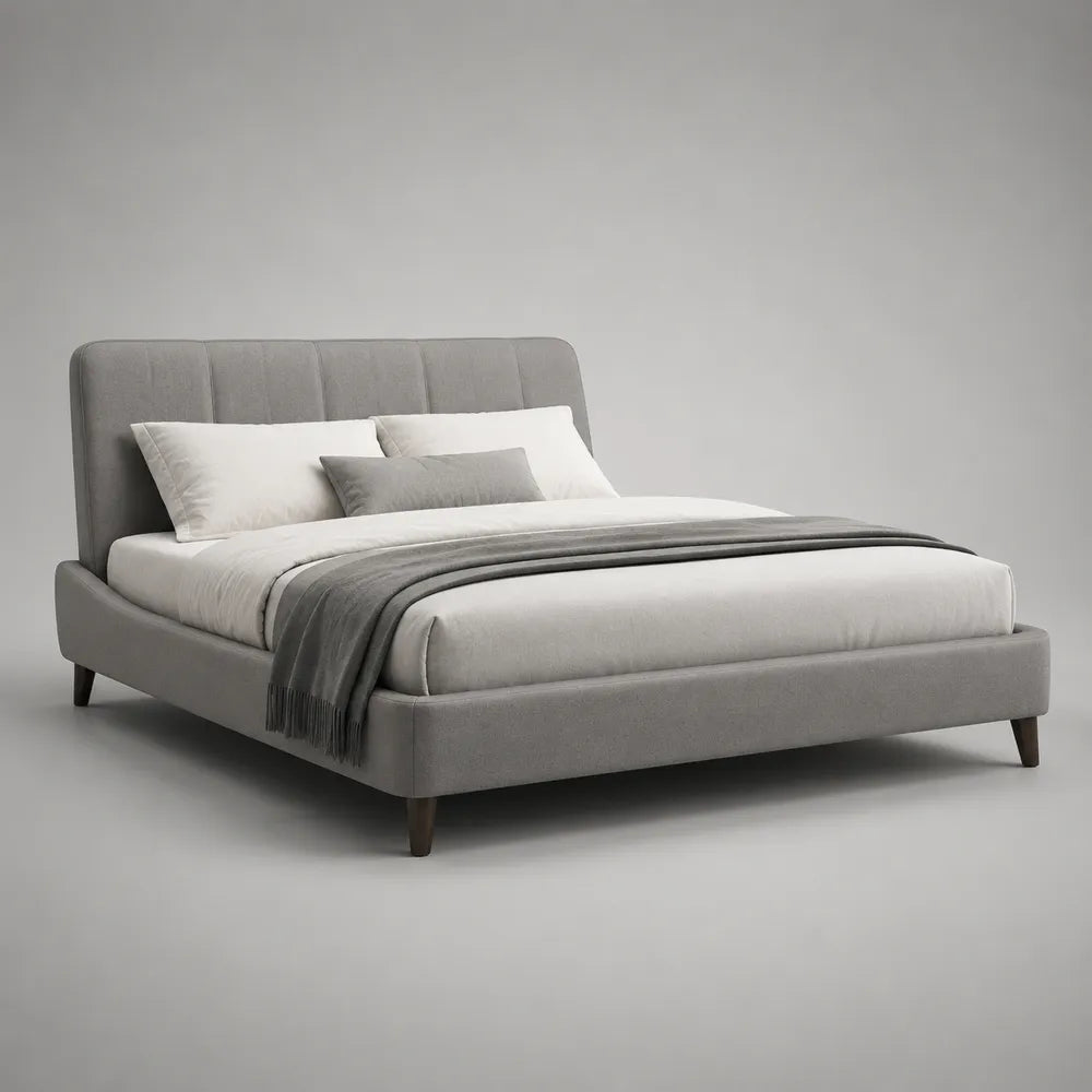 Lit double rembourré en tissu gris avec tête de lit capitonnée et pieds en bois 160 x 200 cm