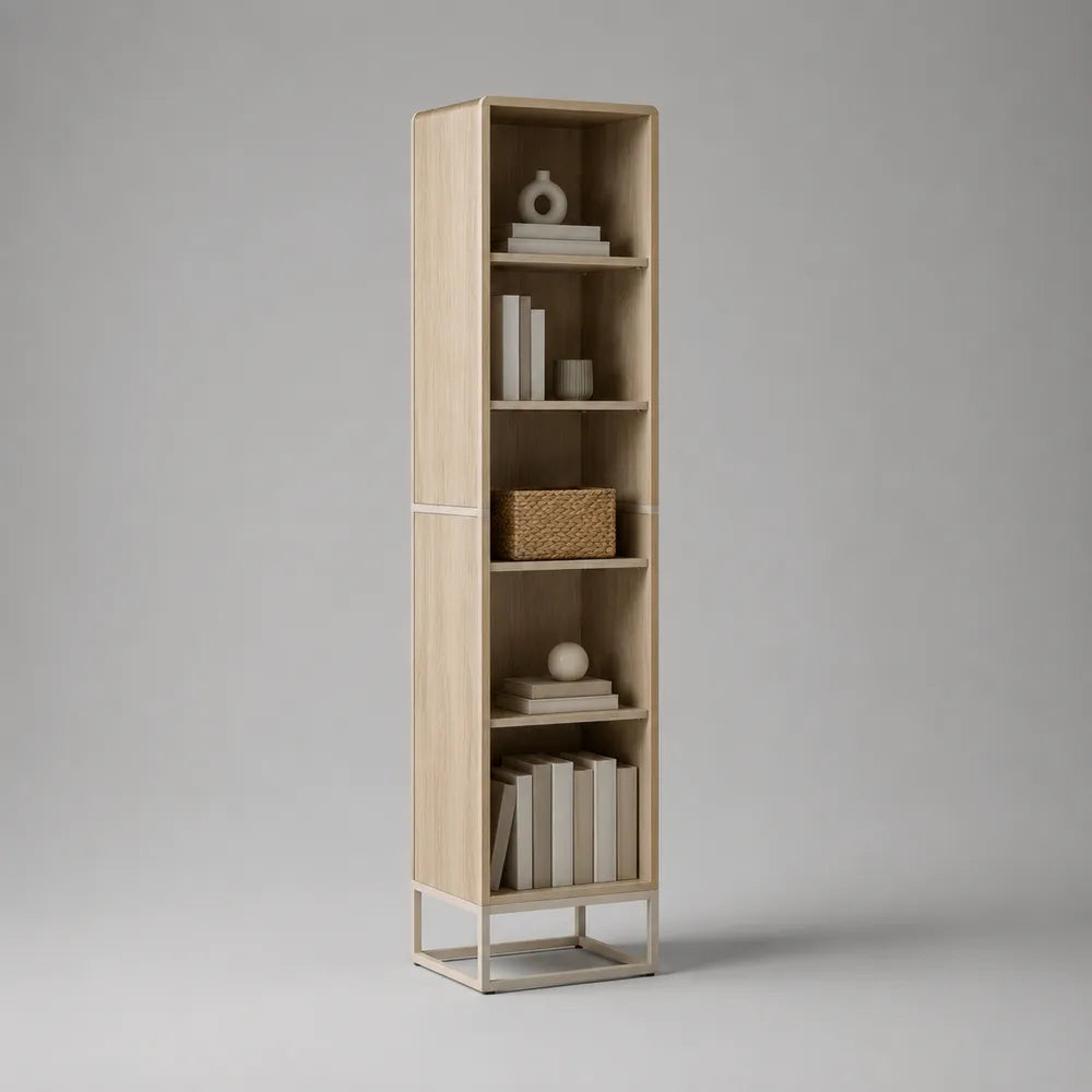 Bibliothèque colonne avec étagères ouvertes en MDF effet chêne clair et cadre acier doré 45 x 35 x 190 cm